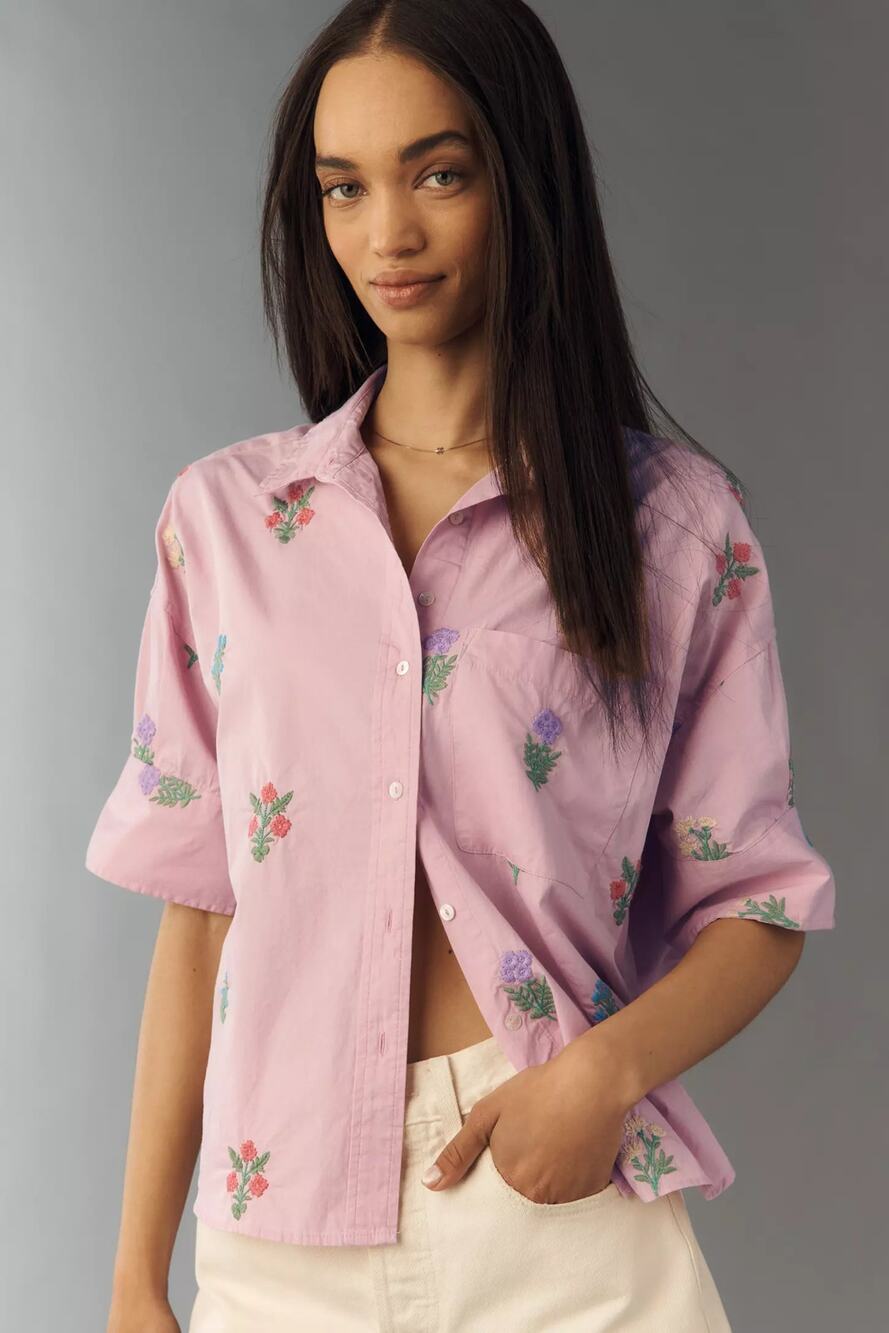 nwt ANTHROPOLOGIE MAEVE sz M Mabel Boxy Floral Embroidered Button Down